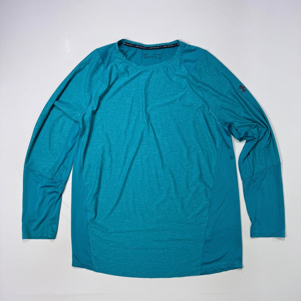 Under Armour Mens XL HeatGear Fitted Long Sleeve Shirt Teal Blue Wicking Gym Top